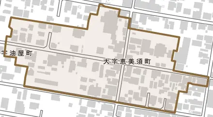 大字恵美須町とその周辺の地図。町の範囲を重ねている
