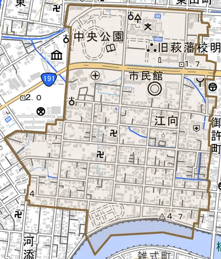 大字江向とその周辺の地図。町の範囲を重ねている