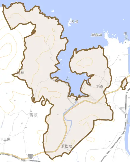大字江崎とその周辺の地図。町の範囲を重ねている