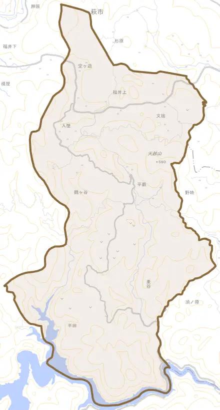 大字福井上とその周辺の地図。町の範囲を重ねている