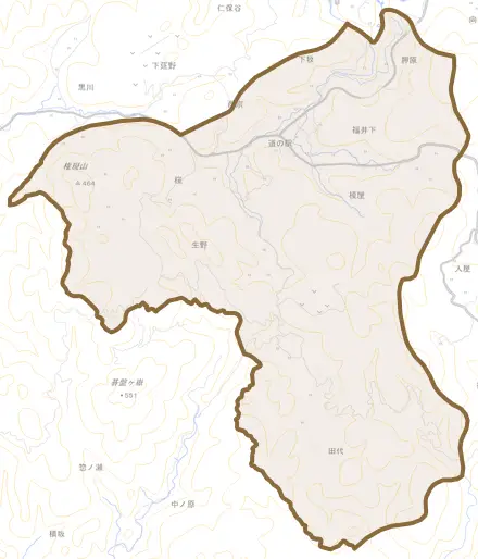 大字福井下とその周辺の地図。町の範囲を重ねている