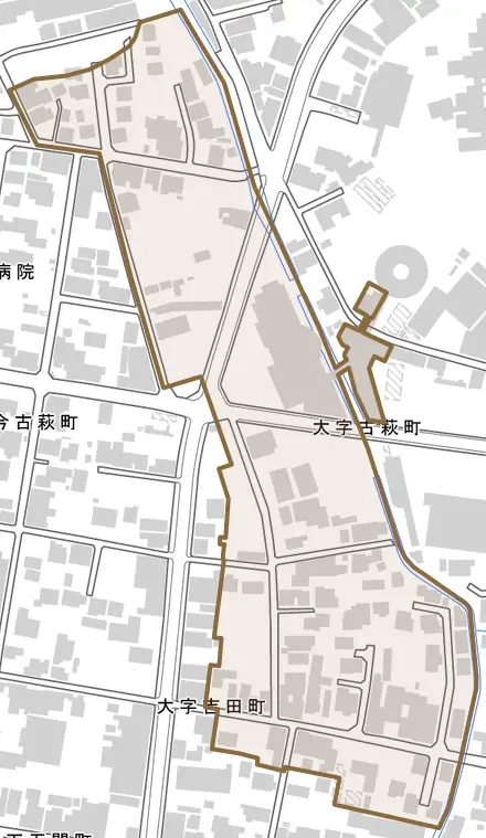 大字古萩町とその周辺の地図。町の範囲を重ねている