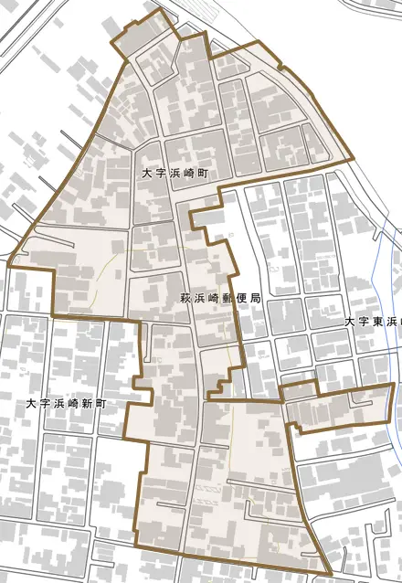 大字浜崎町とその周辺の地図。町の範囲を重ねている