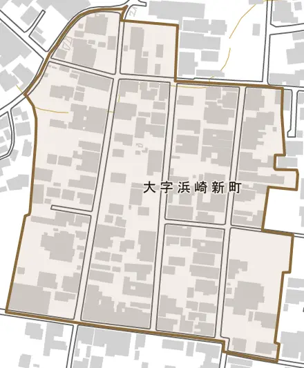 大字浜崎新町とその周辺の地図。町の範囲を重ねている