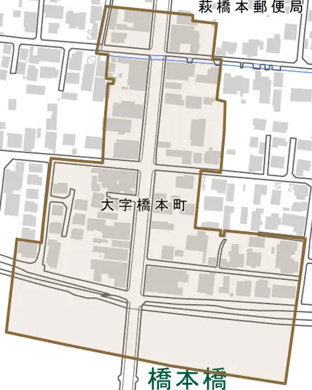 大字橋本町とその周辺の地図。町の範囲を重ねている