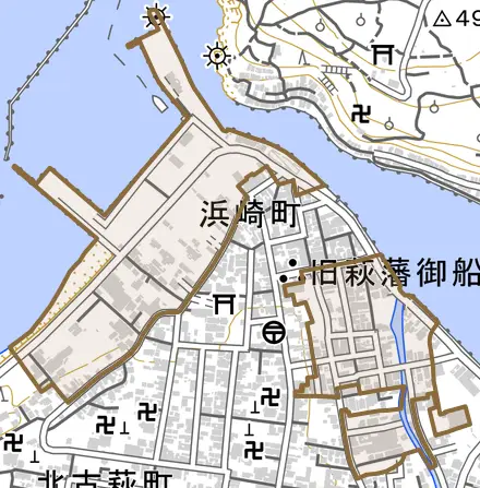 大字東浜崎町とその周辺の地図。町の範囲を重ねている