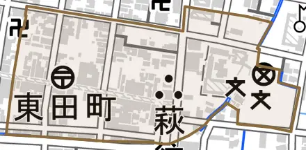 大字東田町とその周辺の地図。町の範囲を重ねている
