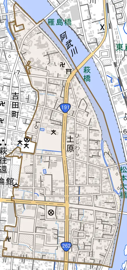 大字土原とその周辺の地図。町の範囲を重ねている