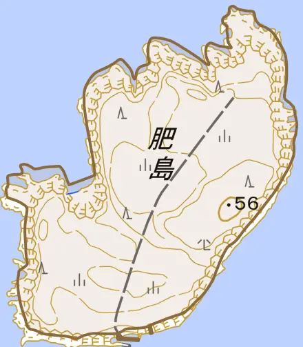 肥島とその周辺の地図。町の範囲を重ねている
