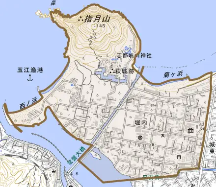 大字堀内とその周辺の地図。町の範囲を重ねている