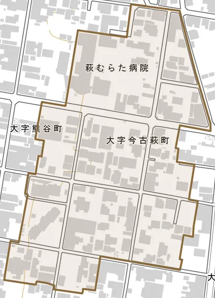 大字今古萩町とその周辺の地図。町の範囲を重ねている