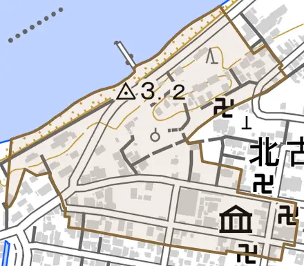 大字今魚店町とその周辺の地図。町の範囲を重ねている