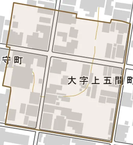 大字上五間町とその周辺の地図。町の範囲を重ねている