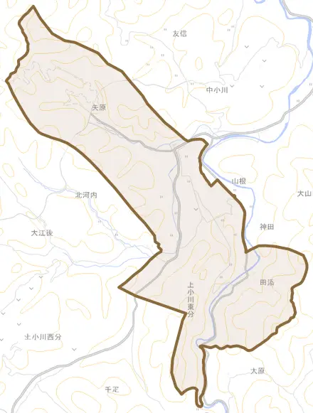 大字上小川東分とその周辺の地図。町の範囲を重ねている