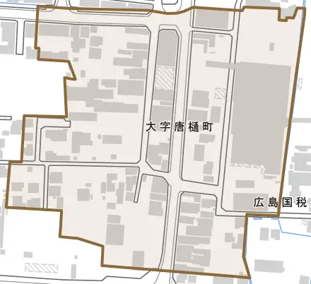 大字唐樋町とその周辺の地図。町の範囲を重ねている