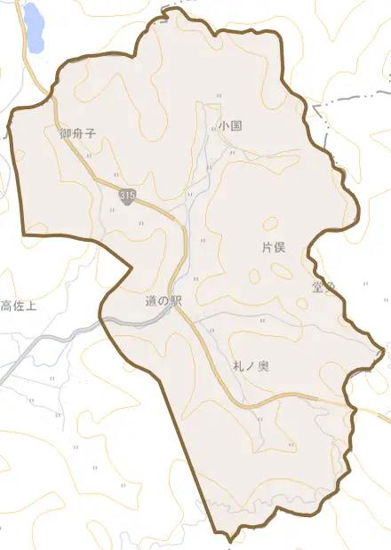 大字片俣とその周辺の地図。町の範囲を重ねている