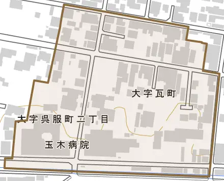大字瓦町とその周辺の地図。町の範囲を重ねている