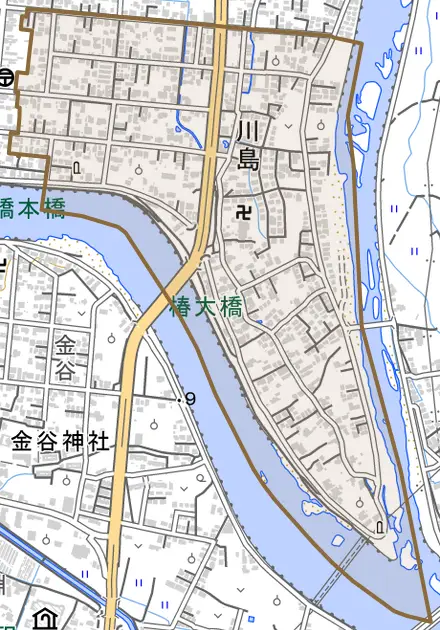 大字川島とその周辺の地図。町の範囲を重ねている