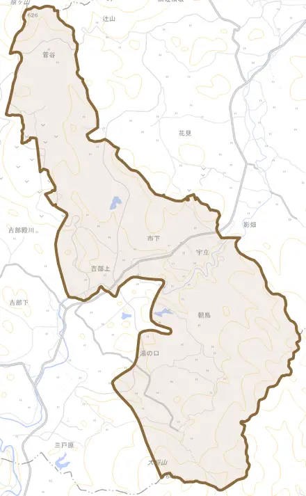 大字吉部上とその周辺の地図。町の範囲を重ねている