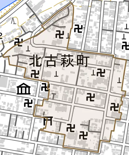 大字北古萩町とその周辺の地図。町の範囲を重ねている