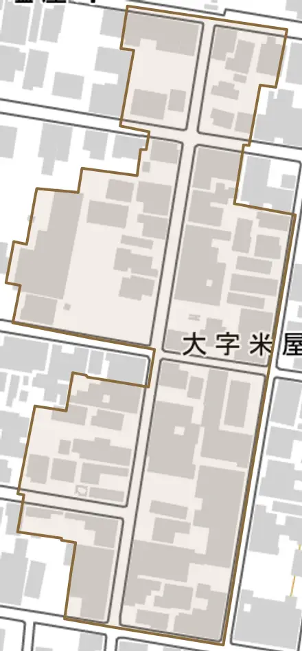 大字米屋町とその周辺の地図。町の範囲を重ねている