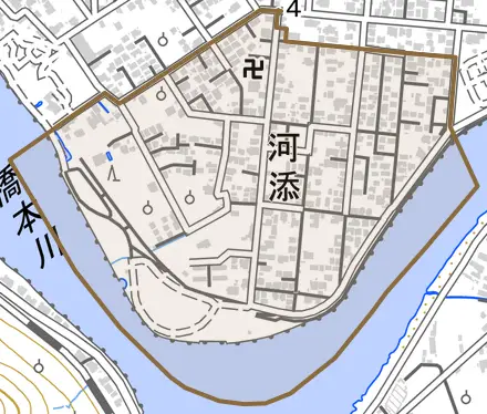 大字河添とその周辺の地図。町の範囲を重ねている
