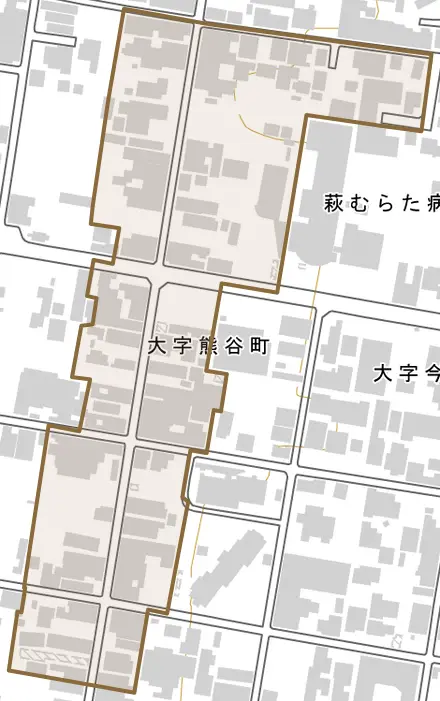 大字熊谷町とその周辺の地図。町の範囲を重ねている