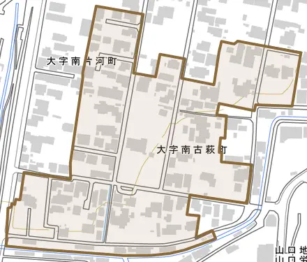 大字南古萩町とその周辺の地図。町の範囲を重ねている