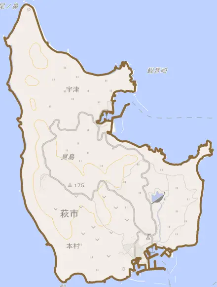 見島とその周辺の地図。町の範囲を重ねている