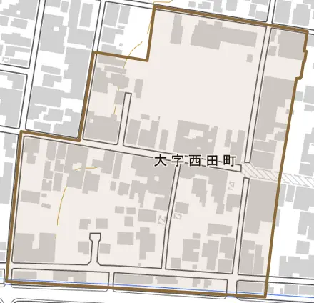 大字西田町とその周辺の地図。町の範囲を重ねている