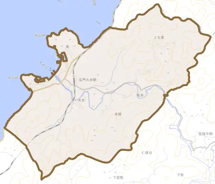 大井とその周辺の地図。町の範囲を重ねている