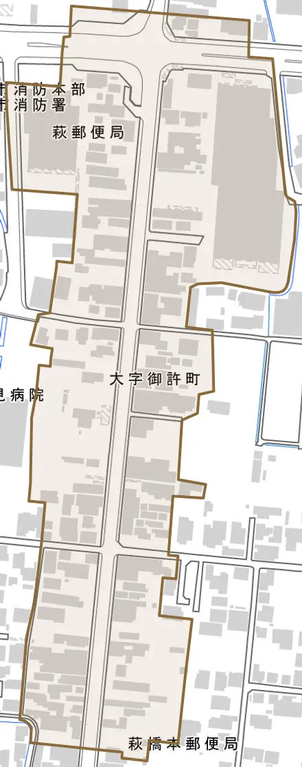 大字御許町とその周辺の地図。町の範囲を重ねている