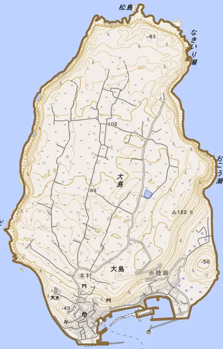 大島とその周辺の地図。町の範囲を重ねている