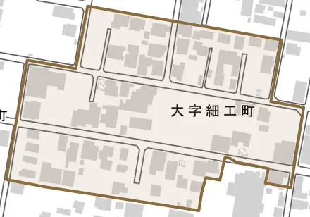 大字細工町とその周辺の地図。町の範囲を重ねている