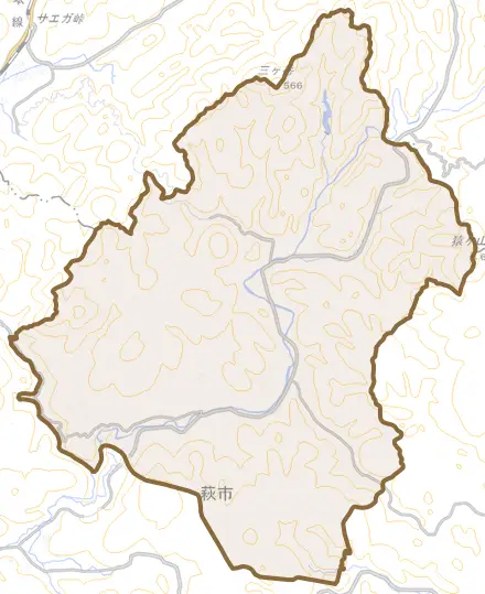 大字紫福とその周辺の地図。町の範囲を重ねている
