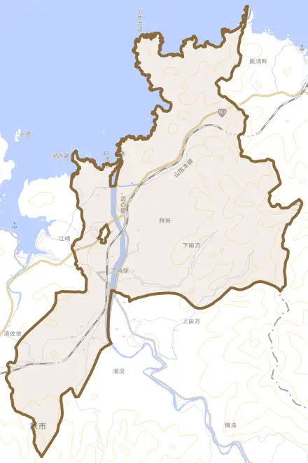 大字下田万とその周辺の地図。町の範囲を重ねている