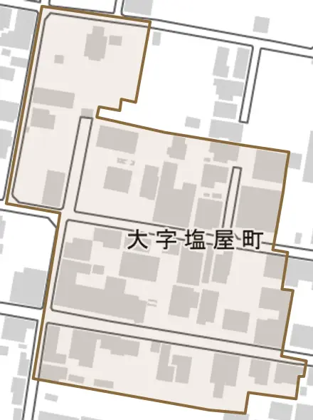 大字塩屋町とその周辺の地図。町の範囲を重ねている