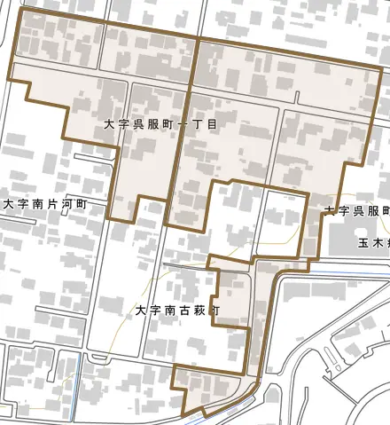 大字呉服町とその周辺の地図。町の範囲を重ねている