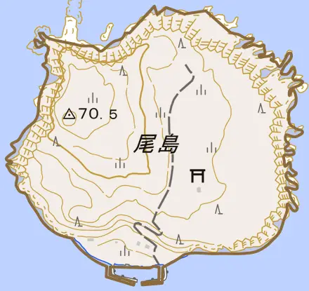 尾島とその周辺の地図。町の範囲を重ねている