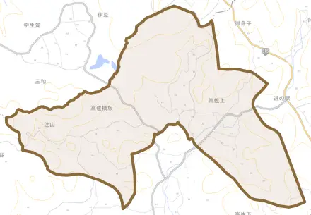 大字高佐上とその周辺の地図。町の範囲を重ねている