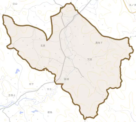 大字高佐下とその周辺の地図。町の範囲を重ねている