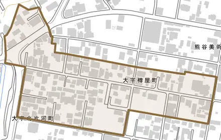 大字樽屋町とその周辺の地図。町の範囲を重ねている