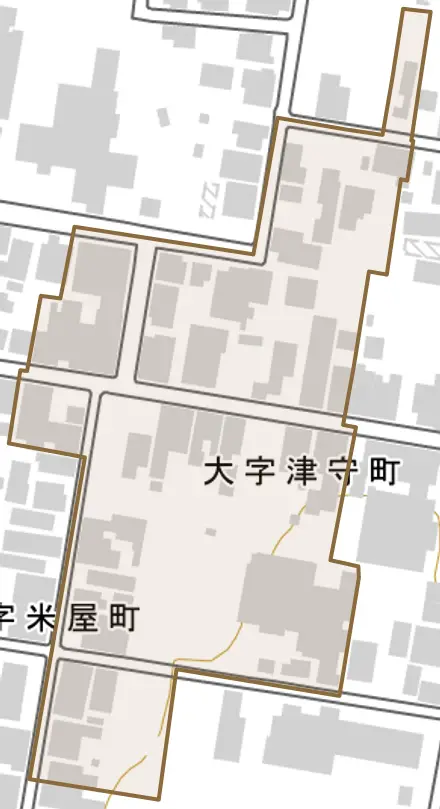 大字津守町とその周辺の地図。町の範囲を重ねている