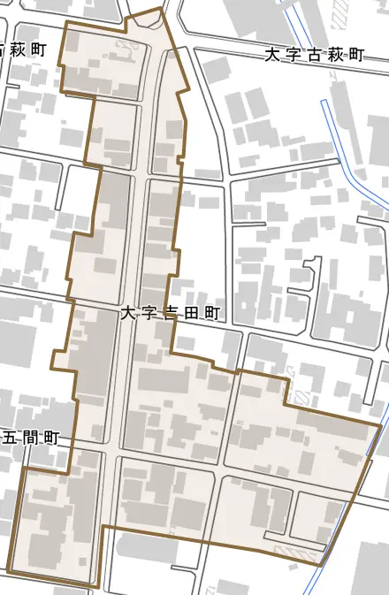 大字吉田町とその周辺の地図。町の範囲を重ねている