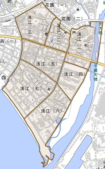 浅江とその周辺の地図。町の範囲を重ねている