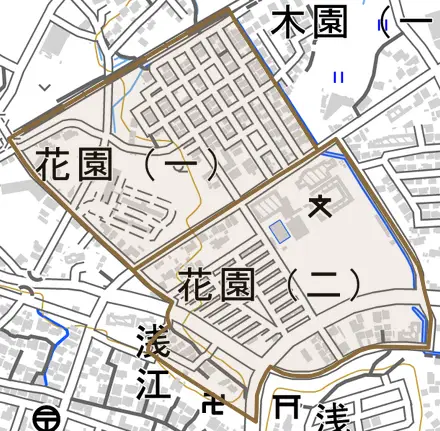 花園とその周辺の地図。町の範囲を重ねている