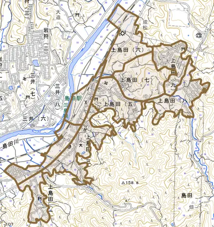 上島田とその周辺の地図。町の範囲を重ねている
