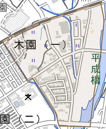 木園とその周辺の地図。町の範囲を重ねている