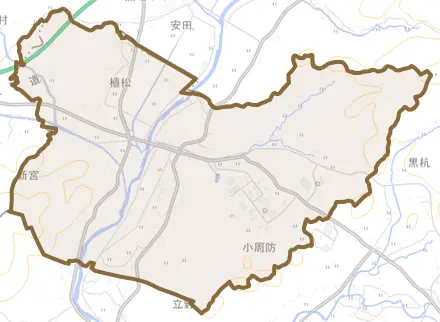 大字小周防とその周辺の地図。町の範囲を重ねている