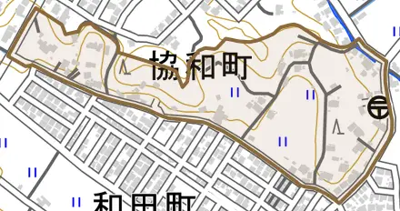 協和町とその周辺の地図。町の範囲を重ねている